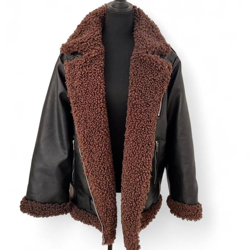 WeWoreWhat Faux Leather Shearling Moto Jacket Brown Teddy Lined XS